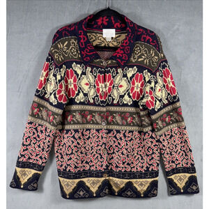 Vintage Christopher & Banks Sweater‎ Women's L Red Black Gold Hand Embroidered